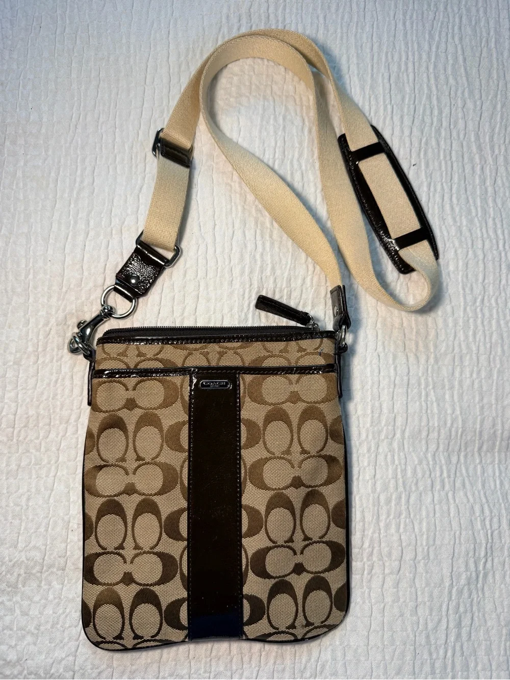 Coach Brown Signature Canvas Messenger Bag with Tan Strap